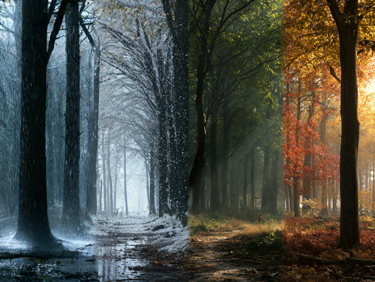 A forest shown across rain, snow, shade and autumn light
